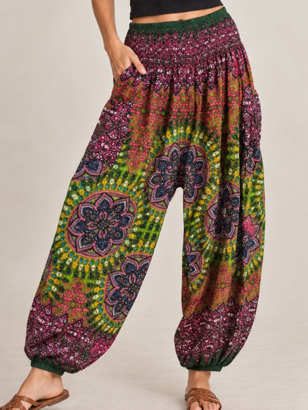 India Boutique Boho Harem Pants S/M Mixed Print Floral Mandala Festival Gypsy